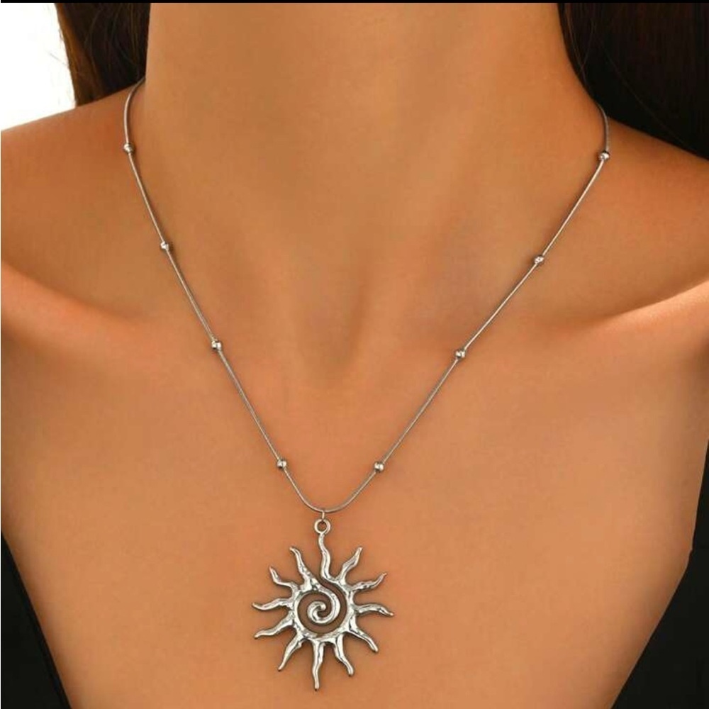 Silver Plated Stainless Steel Beaded Spiral Sun Pendant Necklace